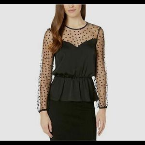 BCBGeneration Women's Black Contrast Yoke Peplum Long Sleeve Top Size S